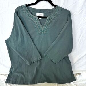 Vtg CJ Banks 100% Cotton Embroidered V-Neck Boho Shirt 3/4 Sleeves Women's 2XL